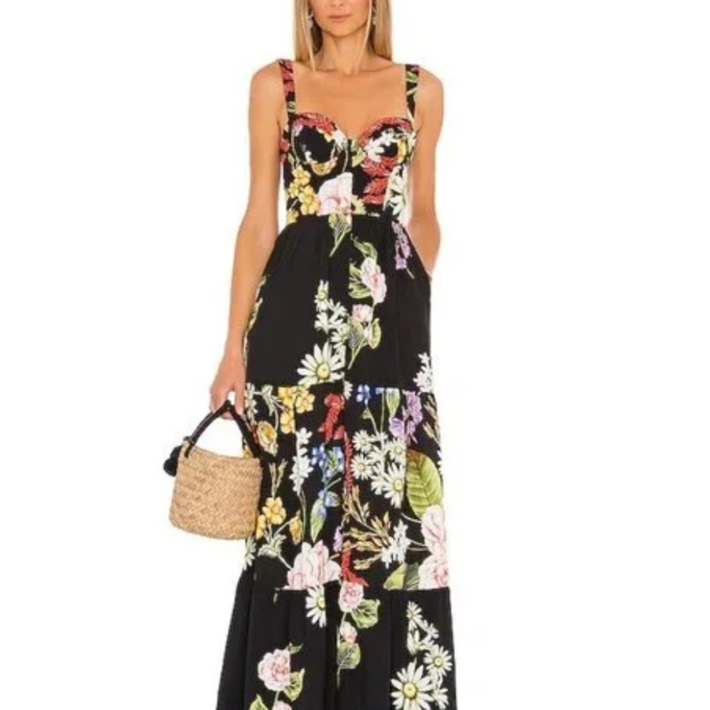 Agua Bendita Dunna Moss Black Floral Maxi Dress